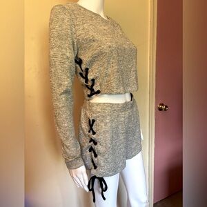 Stylish Gray Cropped Lounge Set with Lace-Up Sides